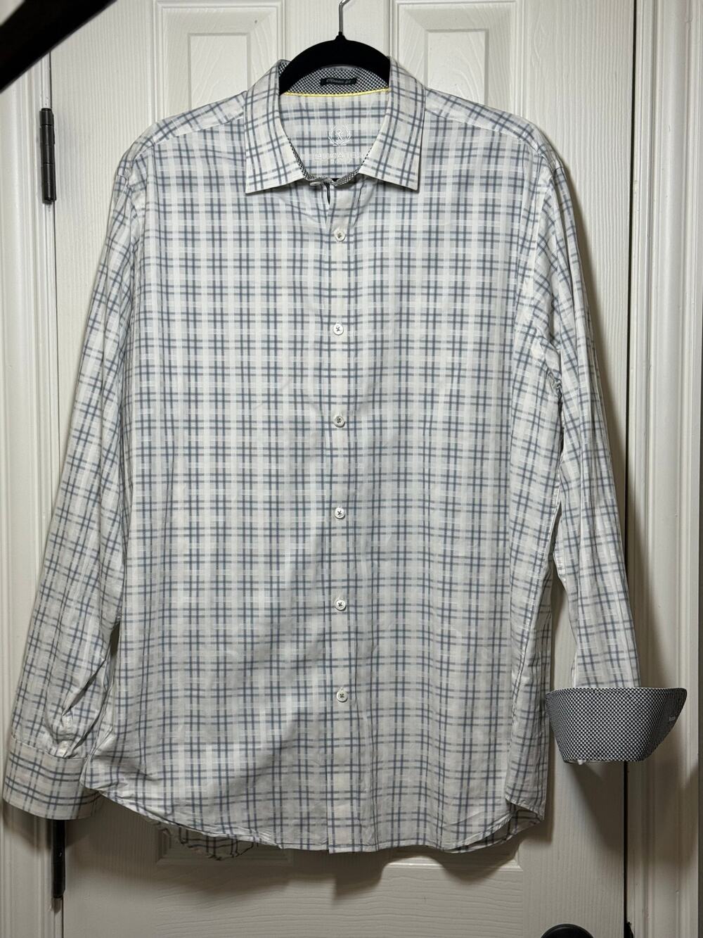 Bugatchi L Flip Cuff Dress Shirt White Gray Plaid Long Sleeve Modern Fit